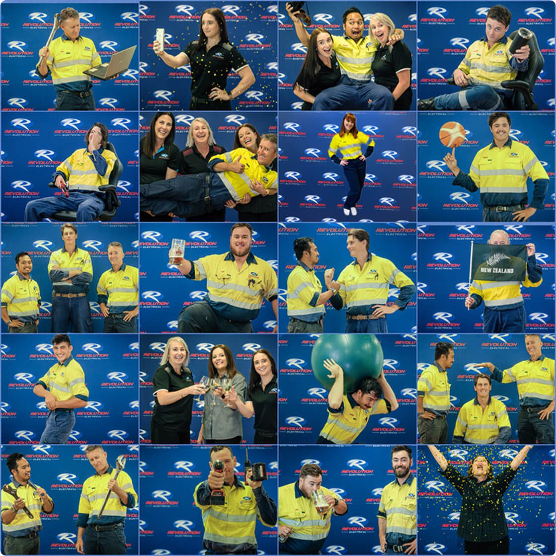 Revolution Electrical team photo collage showing staff in branded uniforms posing in fun and professional settings, highlighting team culture, people, and workplace personality.